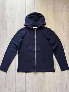 Sandro Paris Cotton Cashmere Zipped Knit Hooded Cardigan Navy Women’s Size Small